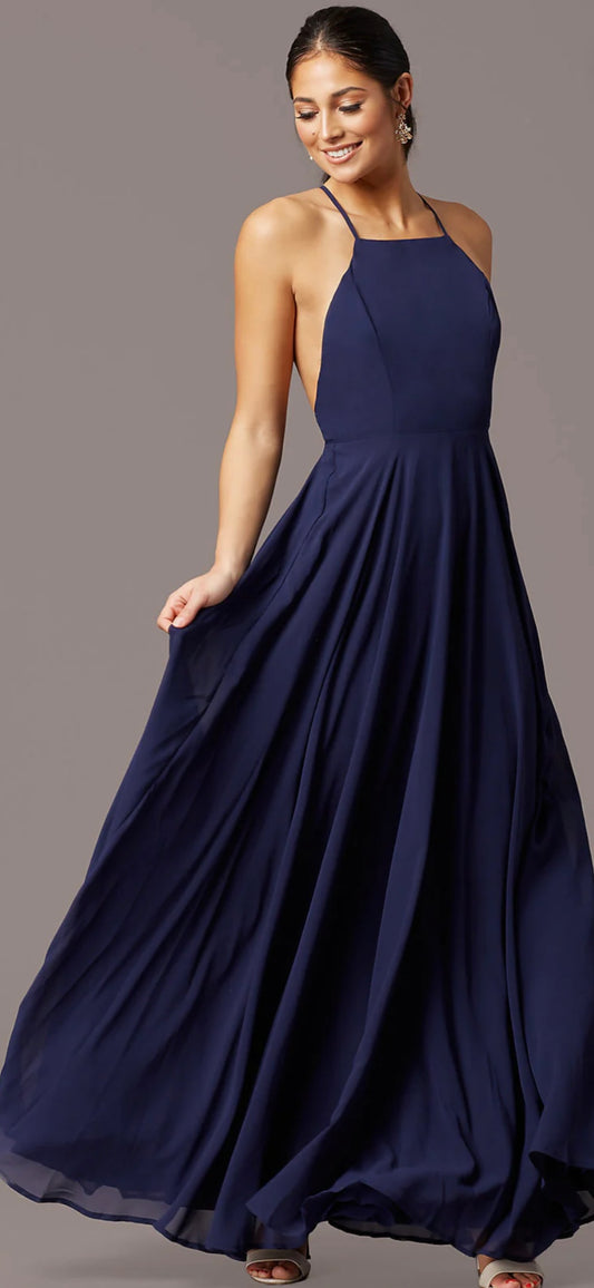 Square-Neck Long Chiffon Open-Back Formal Dress