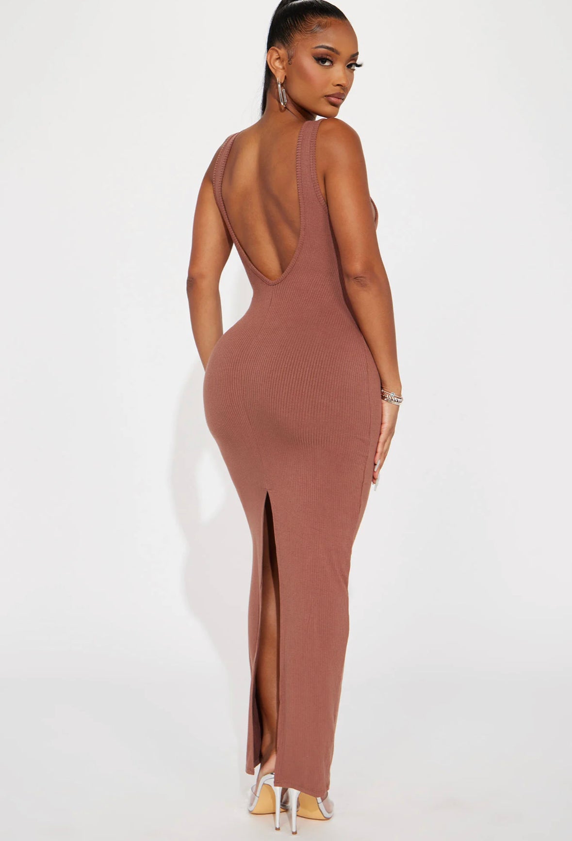 Essential Backless Ribbed Maxi Dress - Brown