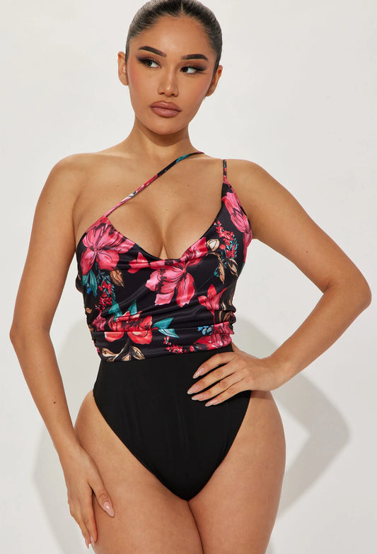 Sabirah Floral One Shoulder Bodysuit - Black/combo