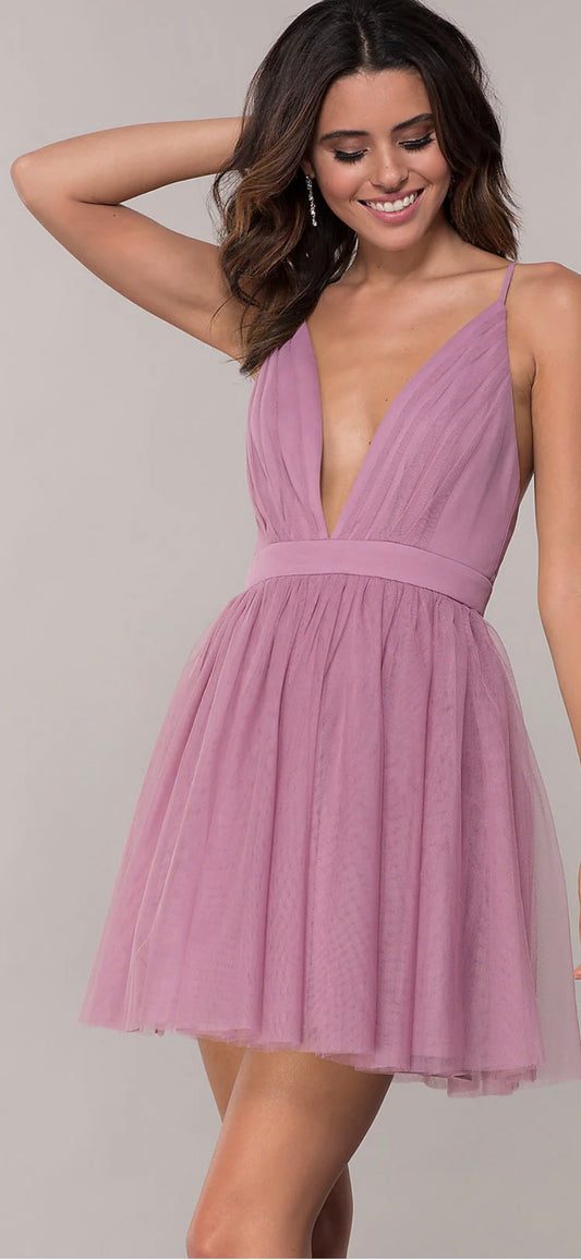 Deep-V-Neck Pleated-Bodice Homecoming Dress