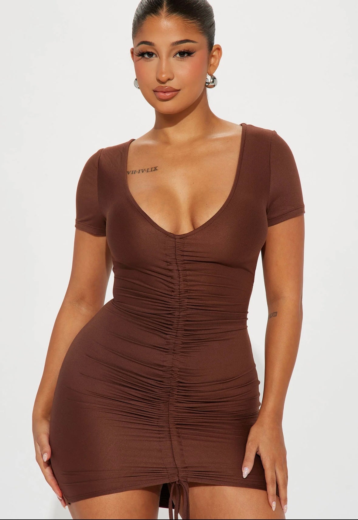 At The Office Ruched
Mini Dress - Chocolate