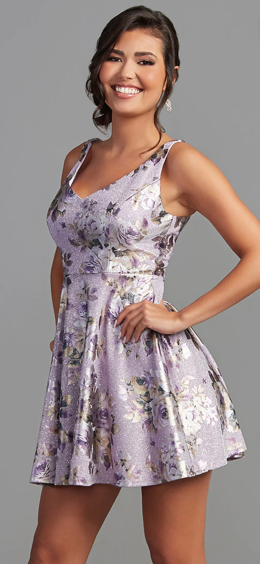 Glitter Floral-Print Short Purple Homecoming Dress