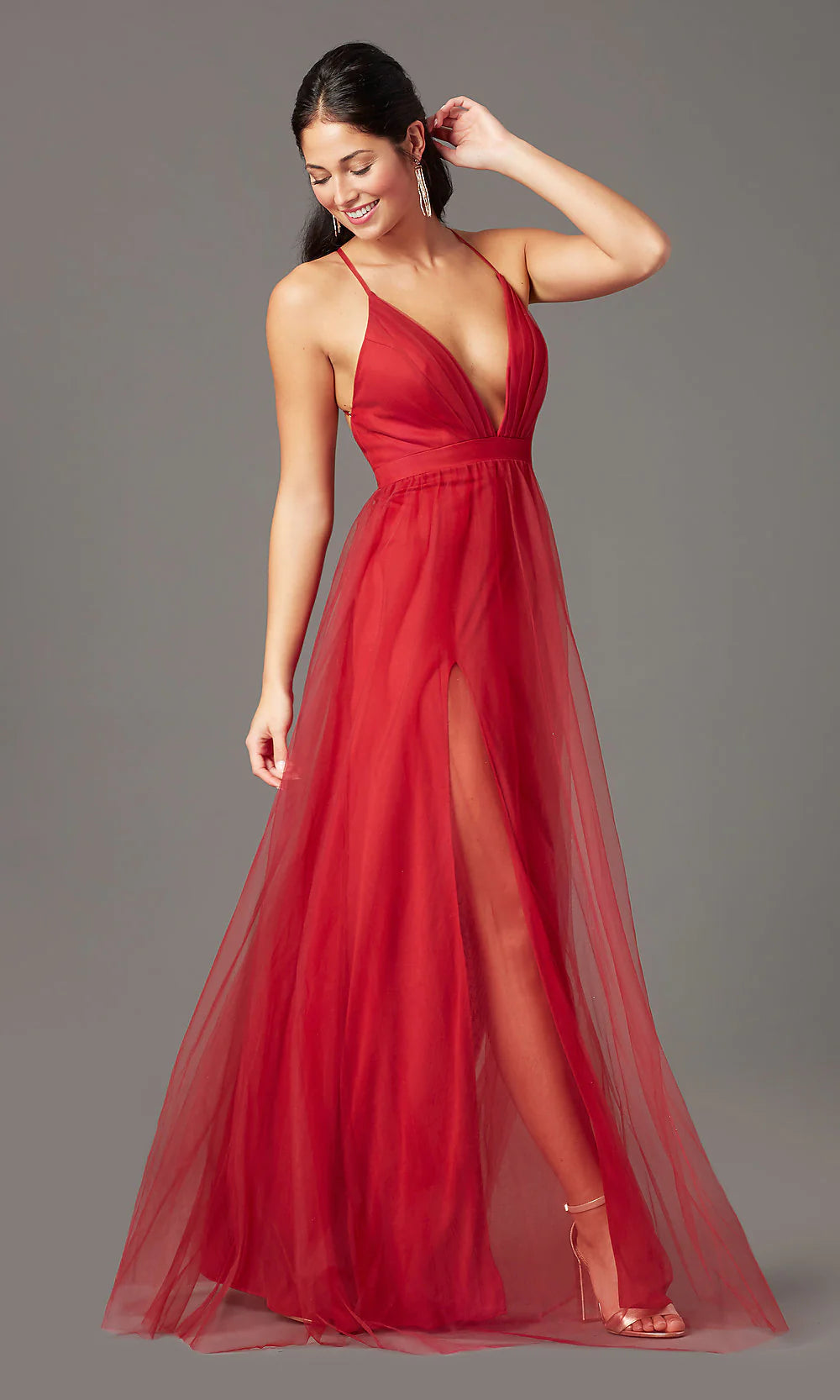 Long Tulle V-Neck Formal Prom Dress